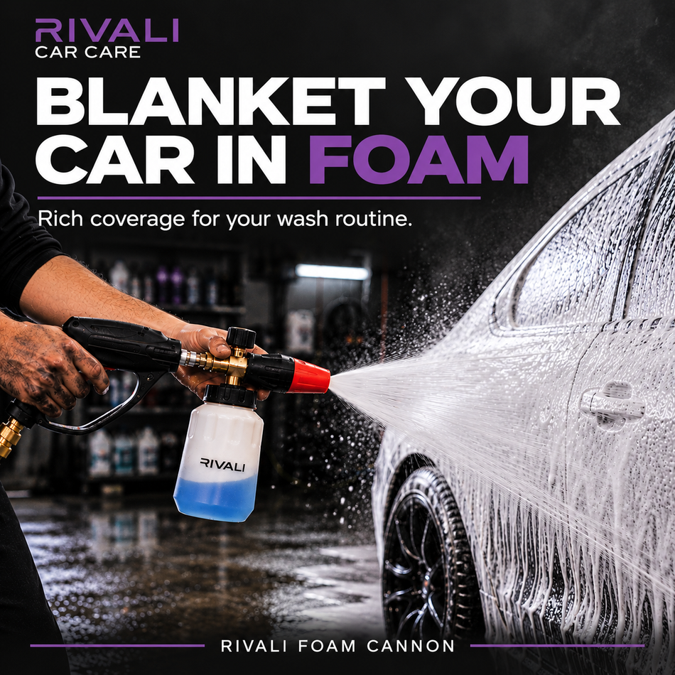 Rivali Car Care Foam Cannon - car blanketed in thick foam